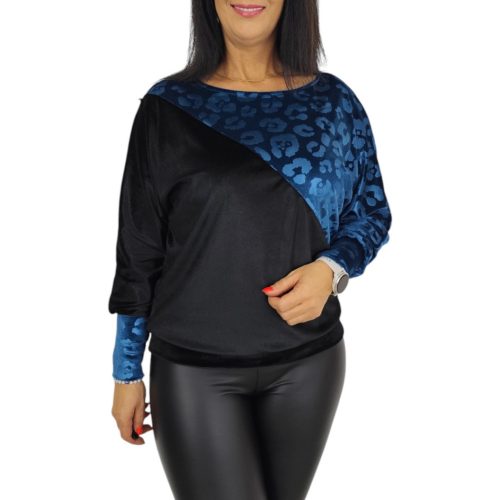 Léna bársony hosszú ujjú felső – Fekete/mélykék mintás