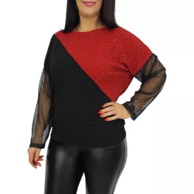 Léna lurex csillogó tüllujjú elegáns felső – Piros