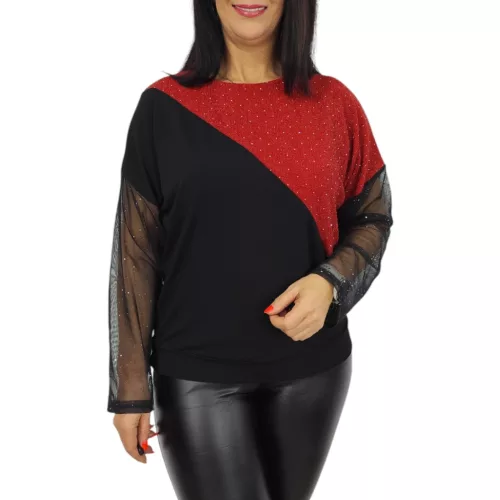 Léna lurex csillogó tüllujjú elegáns felső – Piros