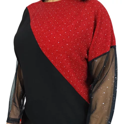 Léna lurex csillogó tüllujjú elegáns felső – Piros