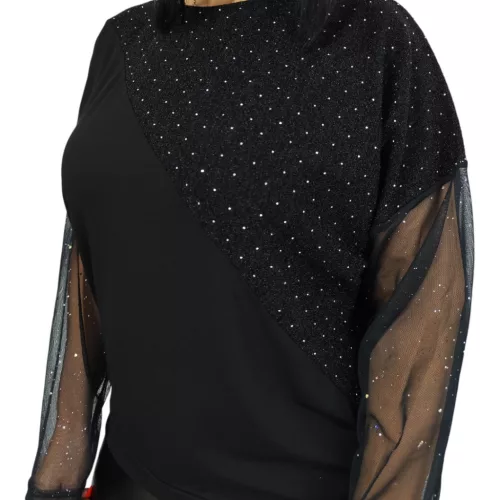 Léna lurex csillogó tüllujjú elegáns felső – Fekete