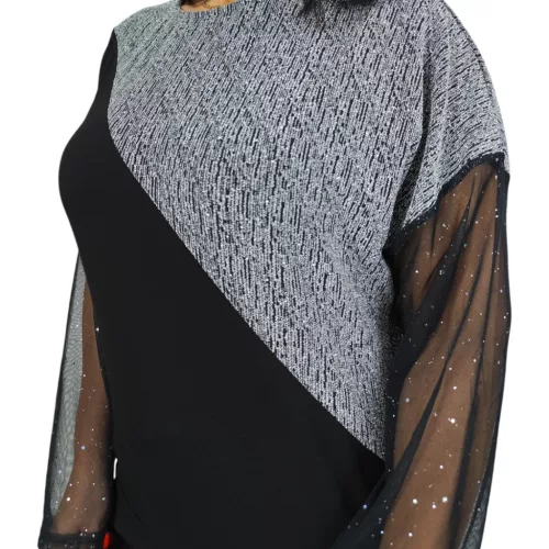 Léna lurex csillogó tüllujjú elegáns felső – Ezüst
