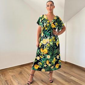 Lily elől-hátul V-nyakú ruha - citrom mintás