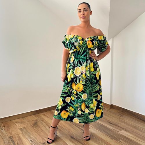 Lily elől-hátul V-nyakú ruha - citrom mintás