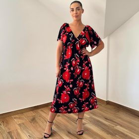 Lily elől-hátul V-nyakú ruha - piros kalocsai mintás