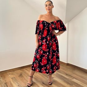 Lily elől-hátul V-nyakú ruha - piros kalocsai mintás