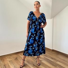 Lily elől-hátul V-nyakú ruha - kék kalocsai mintás