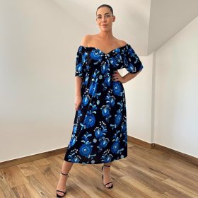 Lily elől-hátul V-nyakú ruha - kék kalocsai mintás