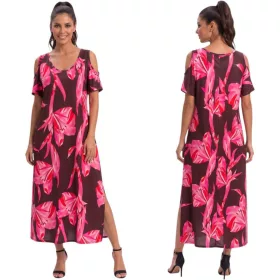 Larisa nyitott vállú maxi ruha - pink levélmintás