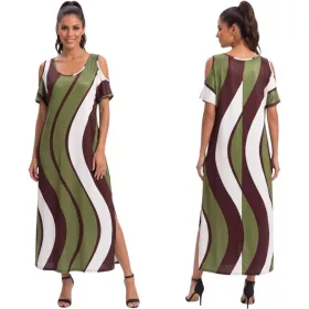 Larisa nyitott vállú maxi ruha - khaki hullámos