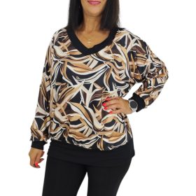   Marilla V-nyakú passzés aljú felső – Bézs levélhatású mintás