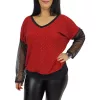 Mirella V-nyakú csillogó tüllujjú elegáns felső – Piros