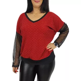   Mirella V-nyakú csillogó tüllujjú elegáns felső – Piros