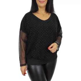   Mirella V-nyakú csillogó tüllujjú elegáns felső – Fekete