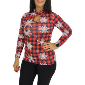   Nelli karácsonyi mintás, fodros nyakú felső – Piros kockás hópelyhes