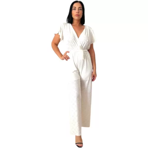 Átlapolt, bő szárú madeira mintás overál - törtfehér