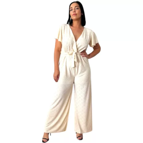 Átlapolt, bő szárú madeira mintás overál - bézs