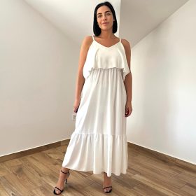 Pántos ejtett fodros fehér maxi ruha