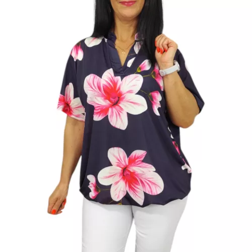 Fiorella plus size gumis aljú felső – Sötétkék virágmintás