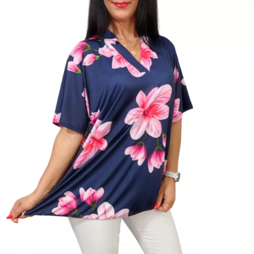 Fiorella plus size gumis aljú felső – Sötétkék virágmintás