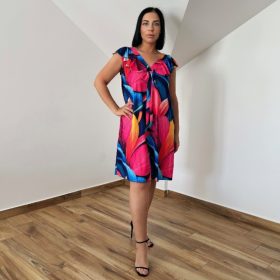 Palmi V-nyakú midi ruha- színes levél mintás