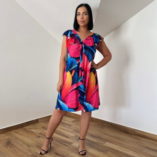 Palmi V-nyakú midi ruha- színes levél mintás