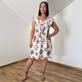 Palmi V-nyakú midi ruha- fehér tengeri mintás
