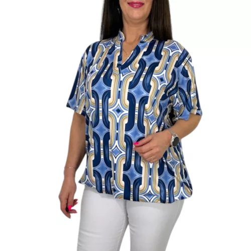 Fiorella plus size gumis aljú felső – Kék absztrakt mintás