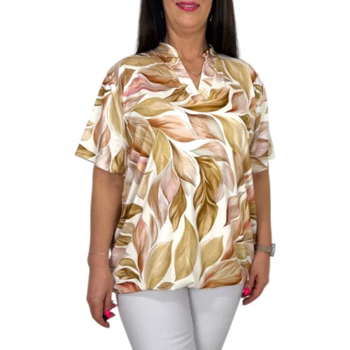 Fiorella plus size gumis aljú felső – Bézs levélmintás