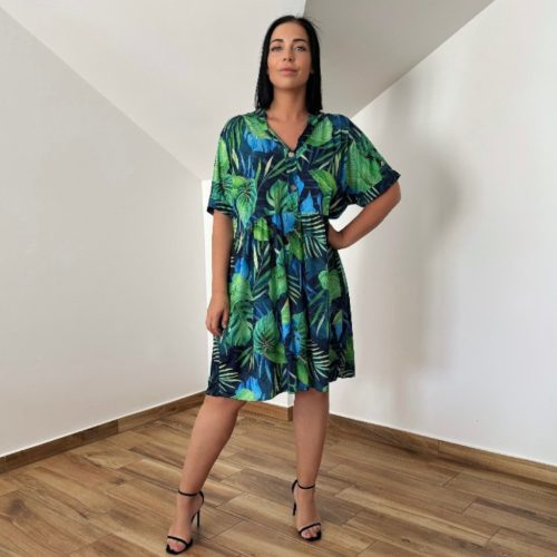 Plus size ingnyakú ruha- zöld levél mintás