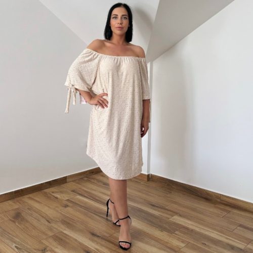 Plus size vállra húzható ruha- bézs madeira mintás