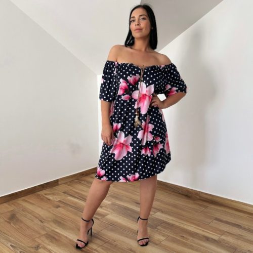Plus size vállra húzható ruha- sötétkék virág mintás