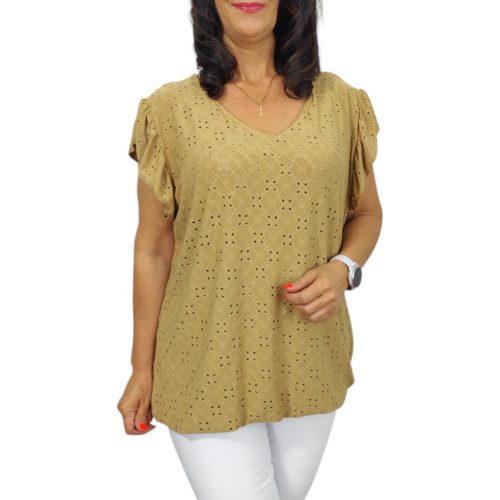 Szelli Plus size V-nyakú felső - barna madeira mintás