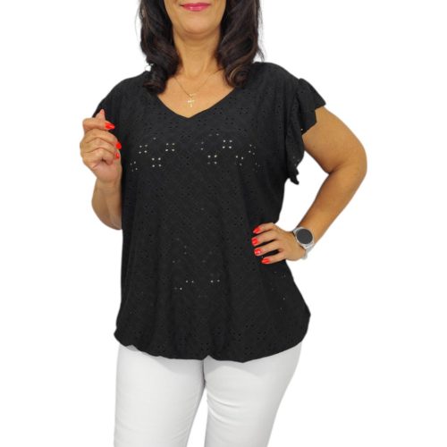 Szelli Plus size V-nyakú felső - fekete madeira mintás