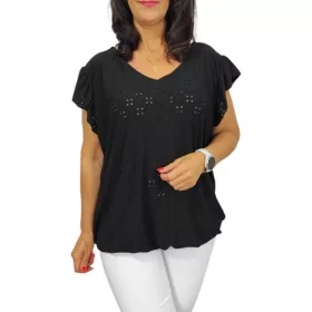 Szelli Plus size V-nyakú madeira mintás felső - fekete