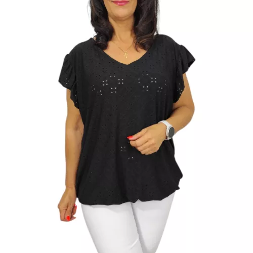Szelli Plus size V-nyakú madeira mintás felső - fekete