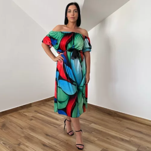 Tina vállra húzható ruha- zöld levél mintás