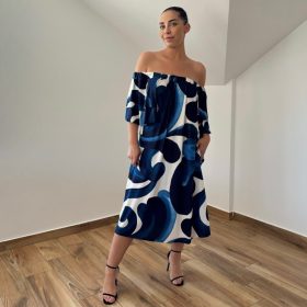 Tanja vállra húzható ruha - sötétkék mintás