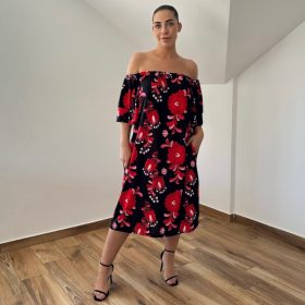 Tanja vállra húzható ruha - piros matyó mintás