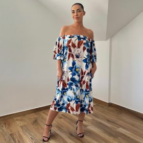 Tanja vállra húzható ruha - kék virág mintás