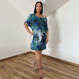 Elöl-hátul V-nyakú ruha- türkiz pálma mintás