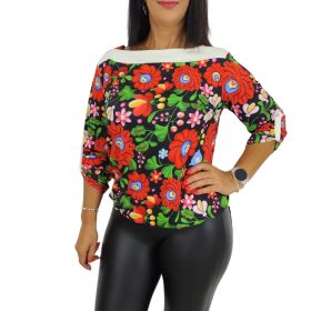   Vali csónaknyakú roll-up ujjú felső - Piros matyó mintás