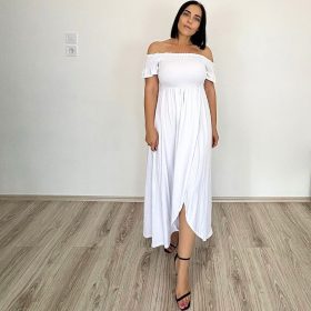 Ejtett vállú fodros hosszított midi ruha- fehér