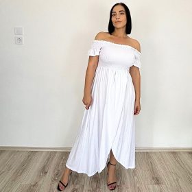 Ejtett vállú fodros hosszított midi ruha- fehér