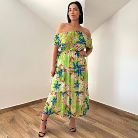 Simona vállrahúzható nyári mintás ruha - Limevirág