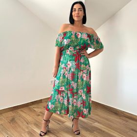 Simona vállrahúzható nyári mintás ruha - Dzsungelvirág