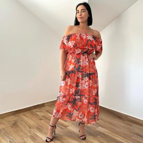 Simona vállrahúzható nyári mintás ruha - Lángvirág