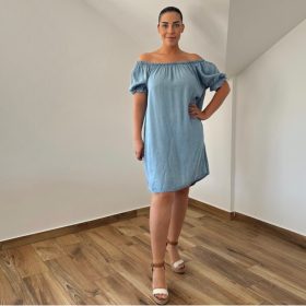 Farmerhatású vállra húzható midi ruha