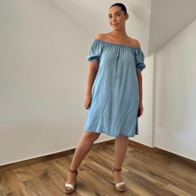 Farmerhatású vállra húzható midi ruha