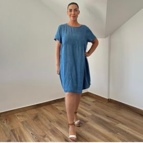 Farmerhatású kerek nyakú midi ruha